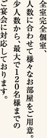 全室完全個室、人数に合わせて様々なお部屋をご用意。少人数から、最大で１２０名様までのご宴会に対応しております。